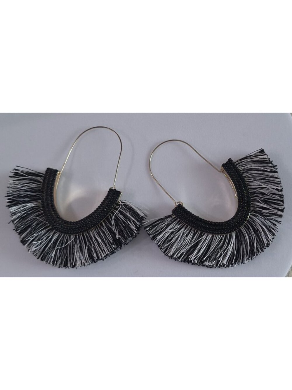 SUGARFIX by BaubleBar Black Gold Fringe Hoop Earrings – Beaded Tassel Statement - Picture 4 of 11